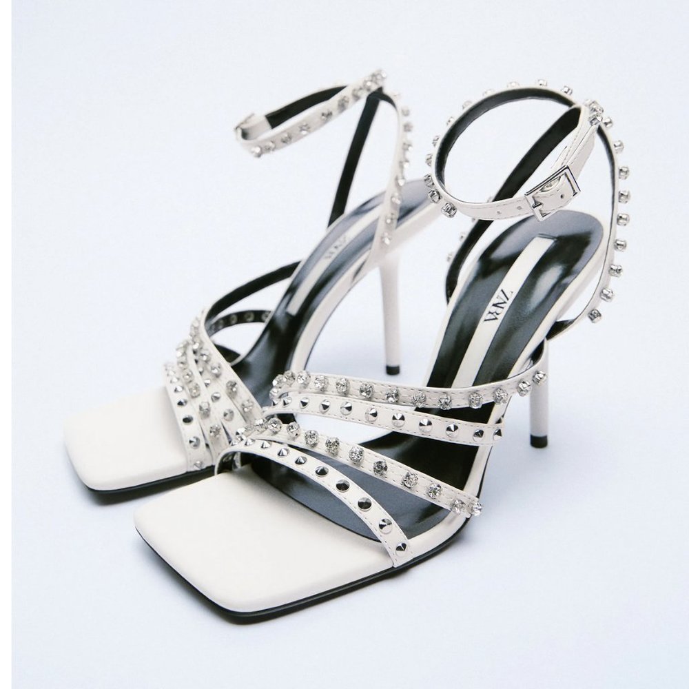 NWT Zara White HIGH-HEEL STUDDED SANDALS 8